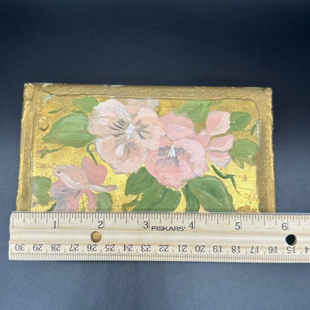 Vintage Italian Hand Painted Wood Jewelry Trinket Box Pink Flowers Gold Stash - Picture 10 of 10